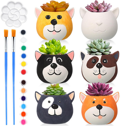Pasimy 6 Set Ceramics to Paint DIY Ceramic Succulent Planter Pots Paint Your Own Flower Pots Craft Kit Unpainted Bisque Flowerpot with Brush Palette for Family Activity Holiday Gifts(Dog)