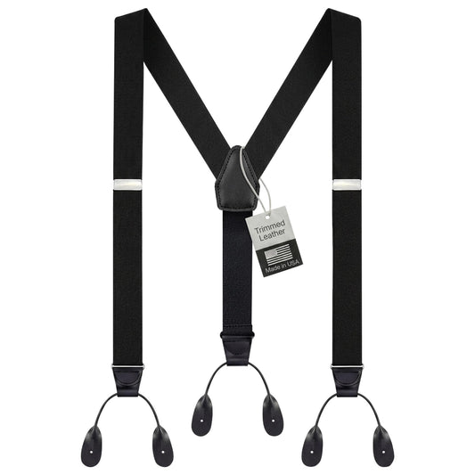 HOLD'EM Tuxedo Button Suspenders for Men – Black Mens Dress Suspenders | 100% Genuine Leather | Formal Daily Use | Made in USA | Regular 32–46" Tall 40–54" | Black (Regular 46" Long)