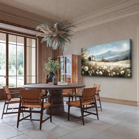 Wapluam Canvas Wall Art For Living Room Large Wall Decor For Bedroom Field Scenery Watercolour Flowers Wall Paintings Office Decorations Old House Pictures Artwork Home Decor Ready To Hang 48L x 24W