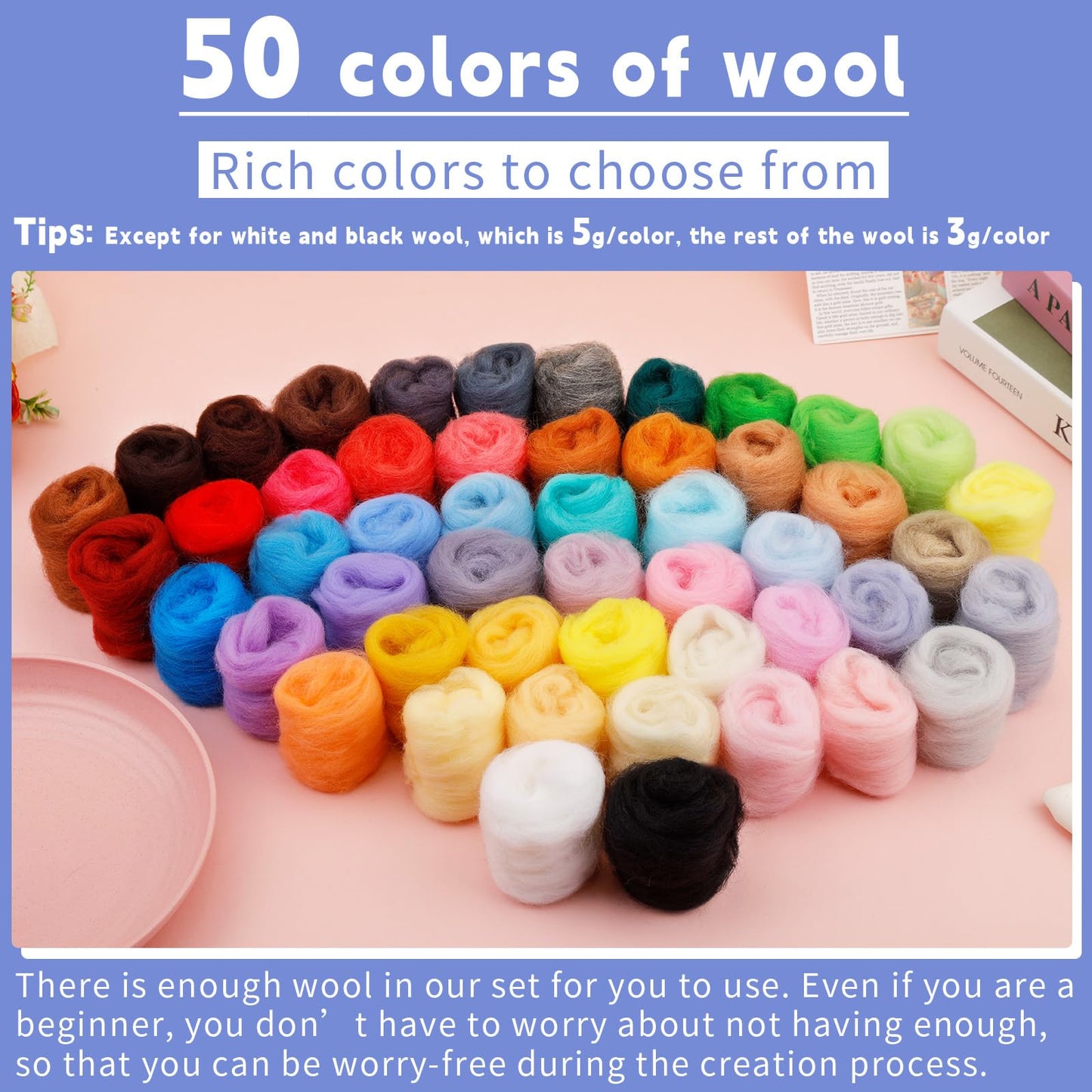 IMZAY 50 Colors 5.4 Oz Needle Felting Wool, 3g/Pack Wool Roving Yarn for Beginners, Fiber Wool Roving for DIY Hand Spinning, Felting Crafts, Needle Felt Roving DIY Craft, Black/White 5g Each