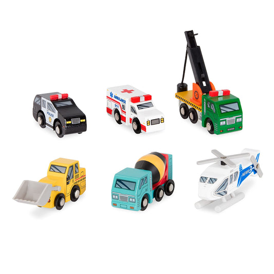 Battat – Wood Cars for Kids – 6 Pieces Toy Vehicle Set – Mini Rescue & Construction Vehicles – Toddler Truck Toys – 3+ Years– Wooden Vehicles Set 1