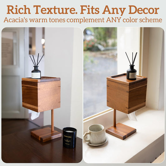 Wooden Tissue Box Cover Square - Acacia Wood Tissue Box Holder, Toilet Paper Holder Stand, Countertop Bathroom Accessories for Rustic or Modern Home