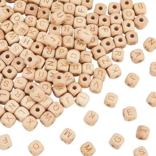 SUNNYCLUE 156Pcs 26 Styles Cube Wood Letter Beads Wooden Bead Alphabet 12mm Square Shape Initial A-Z Charms with 4.5mm Large Hole Loose Spacers for Jewelry Making Beading DIY Crafts Bracelet Earrings