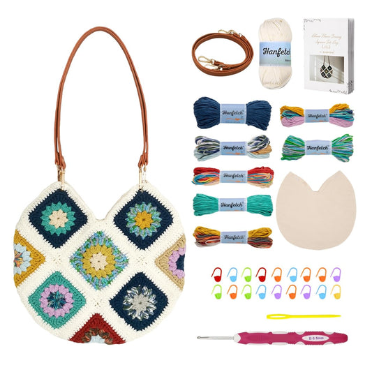 Hanfetch Crochet Kit for Advanced or Intermediate Beginner, Step by Step Video Tutorial and Detailed Guide Instruction DIY Craft Supplies for Adult and Kid with Complete Kit for Granny Square Tote Bag
