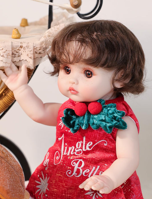 Cloveray Baby Dolls, 18 Inch Realistic Reborn Full Vinyl Baby Doll with Brown Curly Hair, Hand-Painted Freckles & Cozy Red Outfit for Girls Ages 3+, Pretend Play, Display & Collection