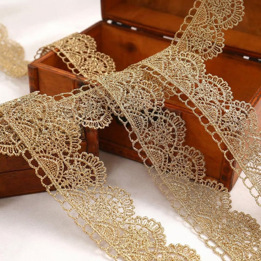 IDONGCAI Vintage Gold Embroidered Lace Ribbon Trim – Elegant Metallic Baroque Floral Edging for Weddings, Bridal Gowns, Crafts & Home Décor – Premium Luxury Sewing & DIY Decoration