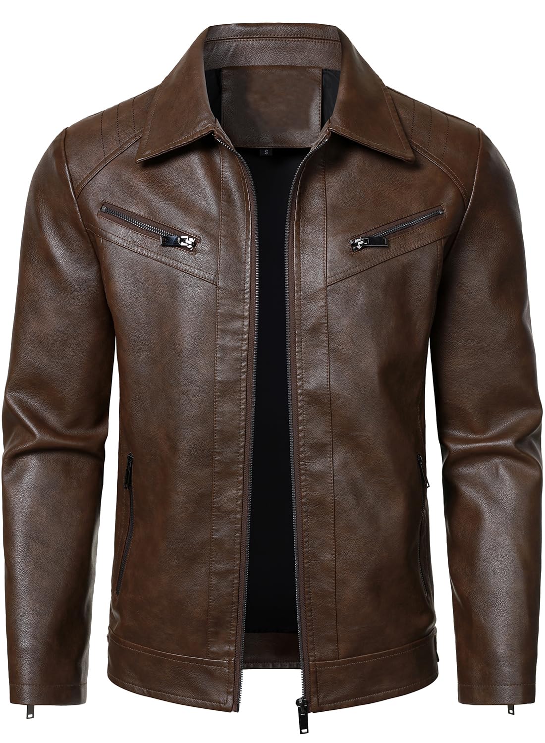 HOOD CREW Mens PU Leather Jacket Classic Style Turn Down Collar Faux Leather Biker Jackets Coffee L