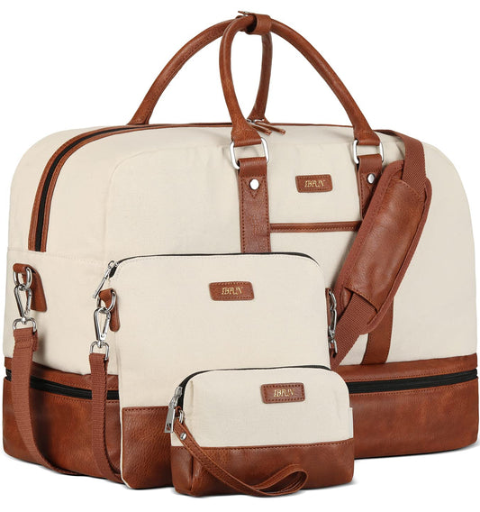 IBFUN Weekender Bag for Women, Large Overnight Bag Canvas Travel Duffel Bag Carry On Tote with Shoe Compartment 21" 3Pcs Set