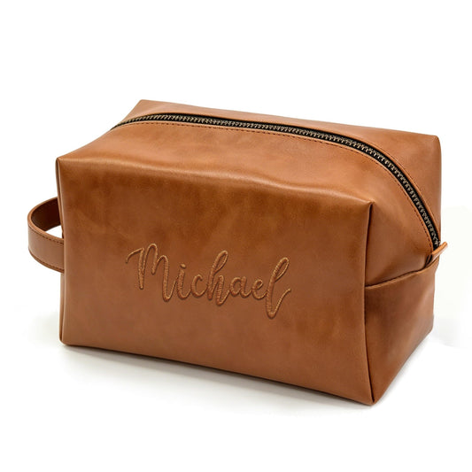 Custom Embroidered Toiletry Bag for Men, Customized Birthday Fathers Day Groomsmen Gift for Dad, Personalized Mens PU Leather Travel Cosmetic Bag with Name for Husband, Shaving Dopp Kit Organizer Bag