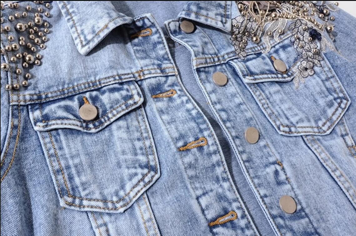 Kedera Women's Denim Jacket Long Sleeve Western Rivet Studded Washed Pearl Short Jean Coat