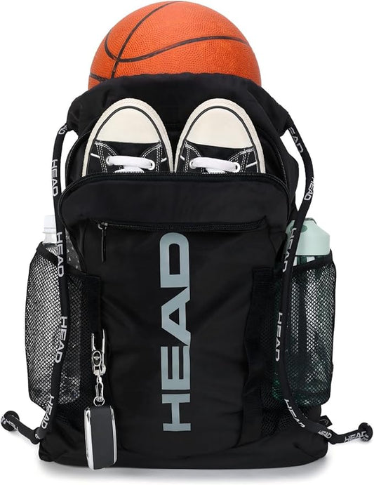 HEAD Waterproof Gym Sackpack for Sport with 2 Zipper Pockets, Large Drawstring Backpacks for Men with Side Pockets for Water Bottle
