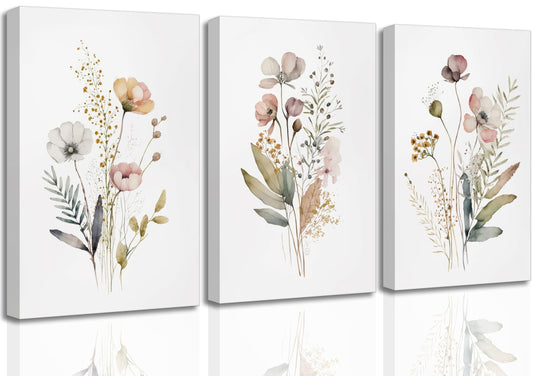 3Pcs Watercolor Wildflower Canvas Wall Art Modern Minimalist Colorful Botanical Floral Painting Picture Wall Decor Flower Posters Print Artwork for Living Room Bedroom Woman's room Home Decoration