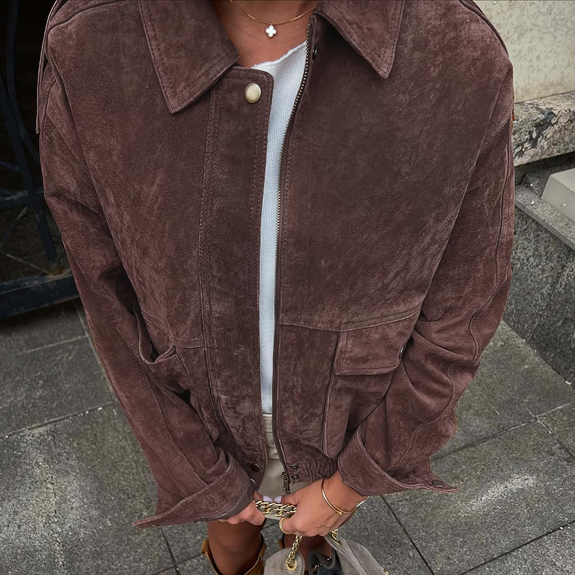chouyatou Women Vintage Faux Suede Jacket Zip Up Bomber Jacket Lapel Collar Cropped Biker Moto Jacket Coat (X-Large,Coffee)
