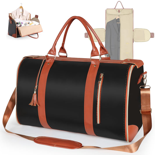 Geestock Garment Duffle Bags for Travel, Convertible Carry On Garment Bag with Shoe Pouch & Shoulder Strap, 2 in 1 Foldable PU Leather Suit Travel Bag for Women & Men, Black