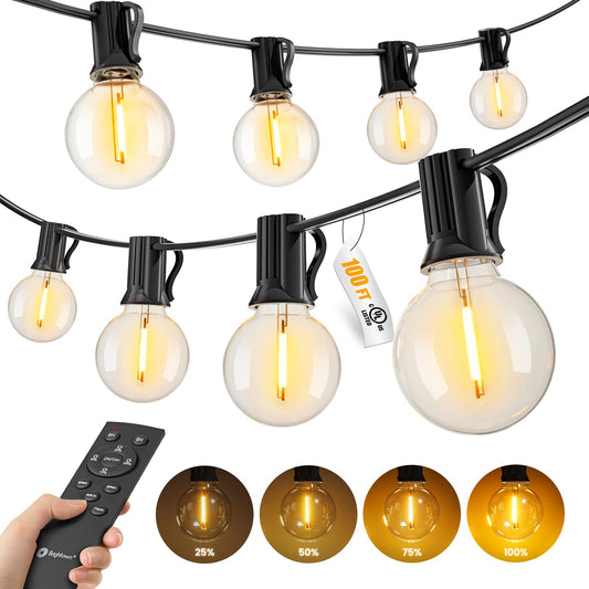 Outdoor String Lights with Remote, 100Ft Outside Waterproof Light with Dimmable G40 LED Bulbs, Shatterproof Connectable Hanging Patio Lights for Porch, Backyard, Bistro, Deck, Balcony, Home Decor