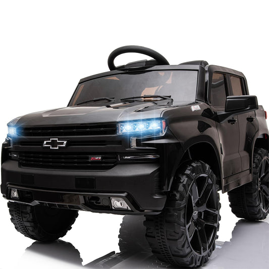 Bopilon 12V Electric Car for Kids,Licensed Chevy Silverado Truck Kids Ride On Car with Remote Control Battery Powered Electric Vehicle Toy Car, 4-Wheeler Suspension, Music& Lights, 3 Speeds(Black)