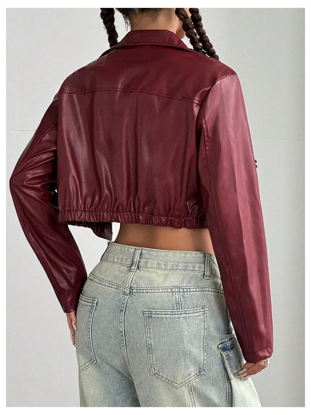 Verdusa Women's Motorcycle Leather Race Car Jacket Cropped Streetwear Lightweight Long Sleeve Outerwear Burgundy Small