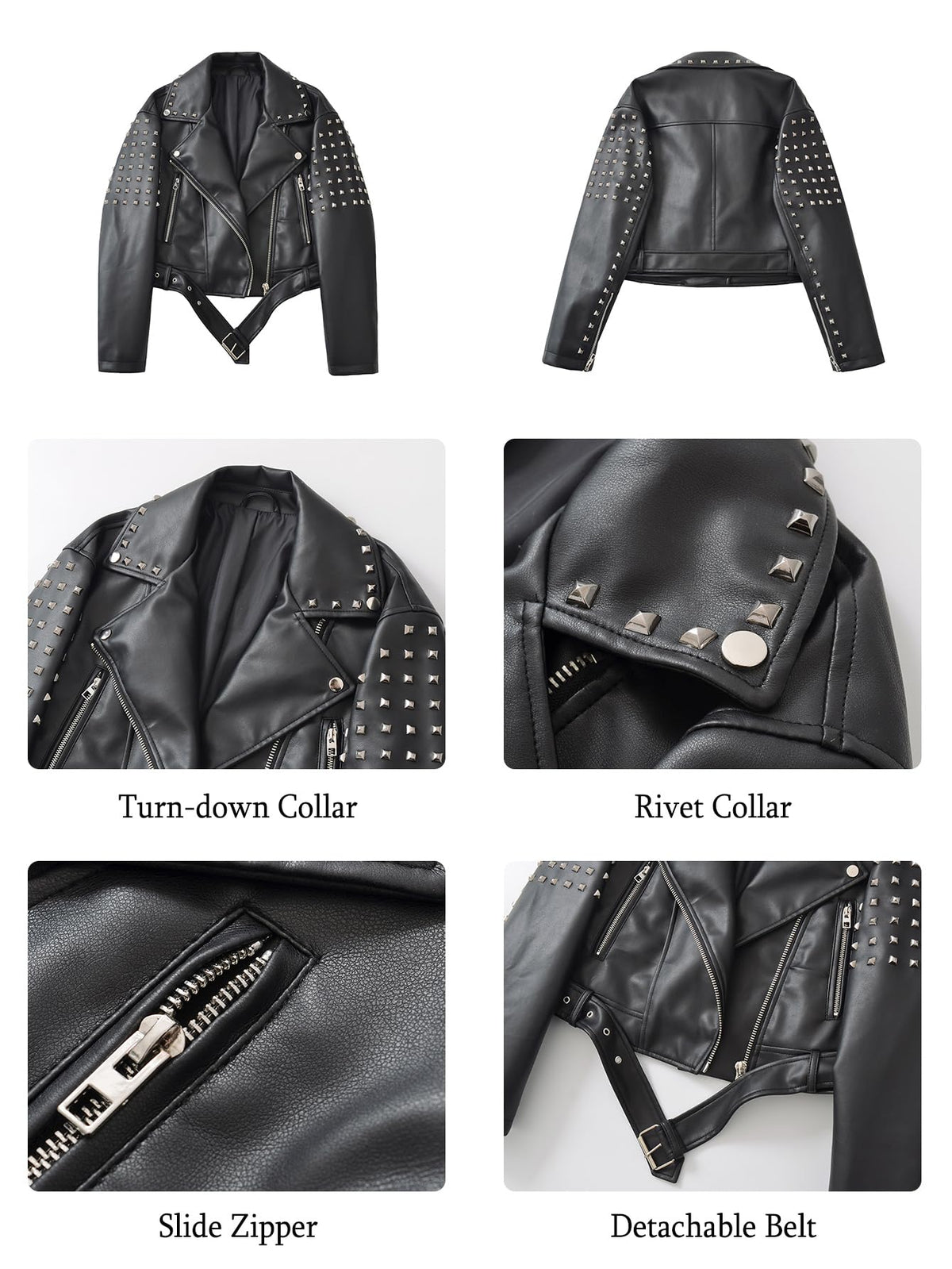 LY VAREY LIN Women's Rivet Studded Faux Leather Cropped Moto PU Jacket Punk Streetwear Coat