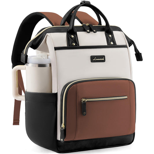 LOVEVOOK Laptop Backpack for Women with Giant Tumbler Holder,15.6 inch Professional Nurse Teacher Backpack Computer Laptop Bag,Cute Waterproof Travel Backpack Purse Work College Bag, Beige-Black-Brown