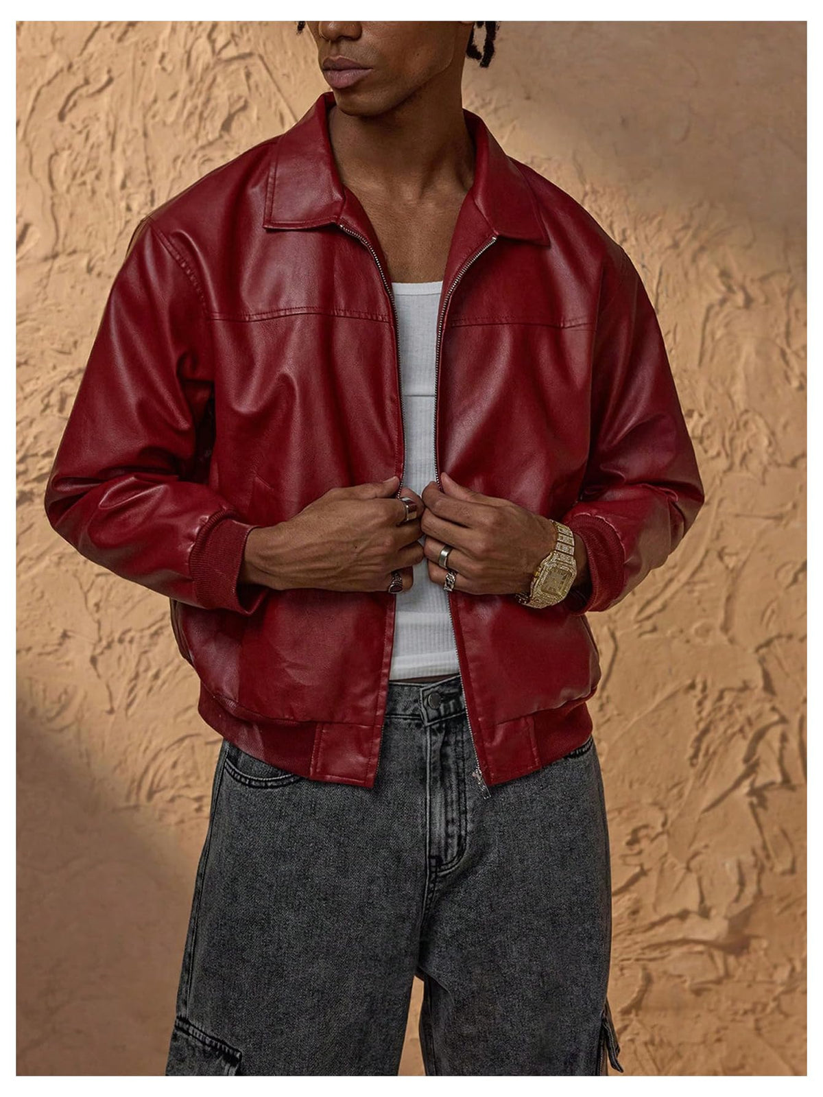 BEAUDRM Men's Vintange PU Leather Jackets Retro Zip Up Collared Motorcycle Outwear Streetwear Fight Club Leather Jacket Red Small