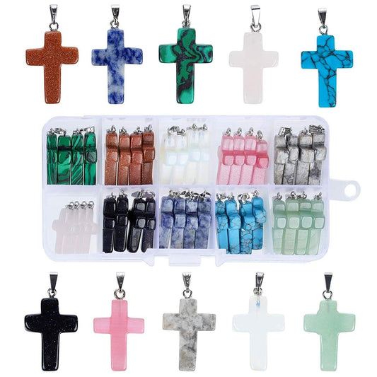 Genie Crafts Cross Charms for Jewelry Making Kit - 40-Piece Assorted Gemstone Cross Charms, 10 Colors - Storage Case & Pendant Bails, Keychain Making Kit