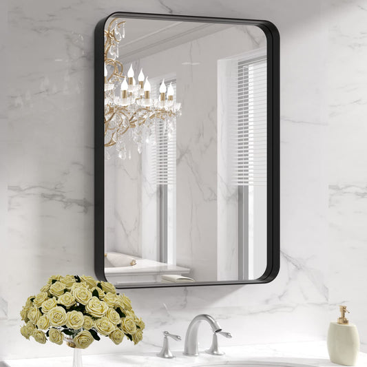 LOAAO Black Metal Framed Bathroom Mirror for Wall, 22X30 Inch Rounded Rectangle Mirror, Matte Black Bathroom Vanity Mirror Farmhouse, Anti-Rust, Hangs Horizontally or Vertically