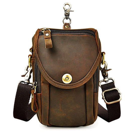 Le'aokuu Mens Vintage Small Messenger Shoulder Satchel Genuine Leather Waist Bag Pack (Dark Brown)