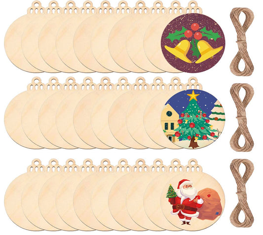 pojah 60PCS Wood Slices,4" Wooden Christmas Ornaments,Unfinished Predrilled Wood Circles for Crafts Centerpieces,DIY Round Wooden Discs Hanging Decorations