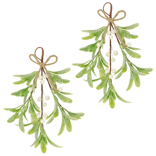 2 Pcs Frosted Mistletoe Hanging Decorations, 10.6'' Artificial Mistletoe Ornament Hanging Kissing Ball with Berry for Christmas Winter Holiday Decor (2, White)