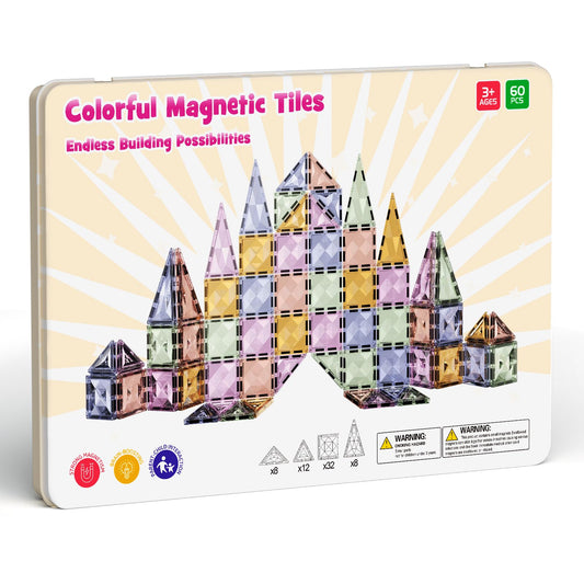 Magnetic Tiles for Kids Ages 4-8, Magnetic Blocks Travel Set with Diamond Surface & Metal Storage Box, 60PCS STEM Learning Toys, Educational Building Gifts for 3-8 Year Olds