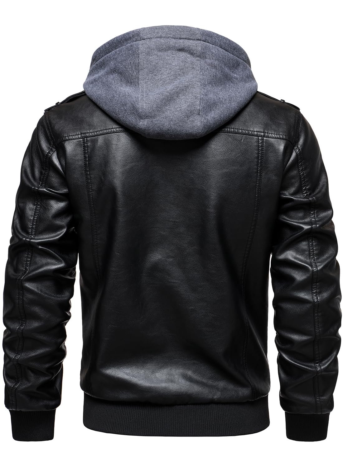 HOOD CREW Men's Faux Leather Hooded Jacket Motorcycle Jackets Water Repellent Windproof PU Moto Vintage Bomber Hoodie Coats Black L