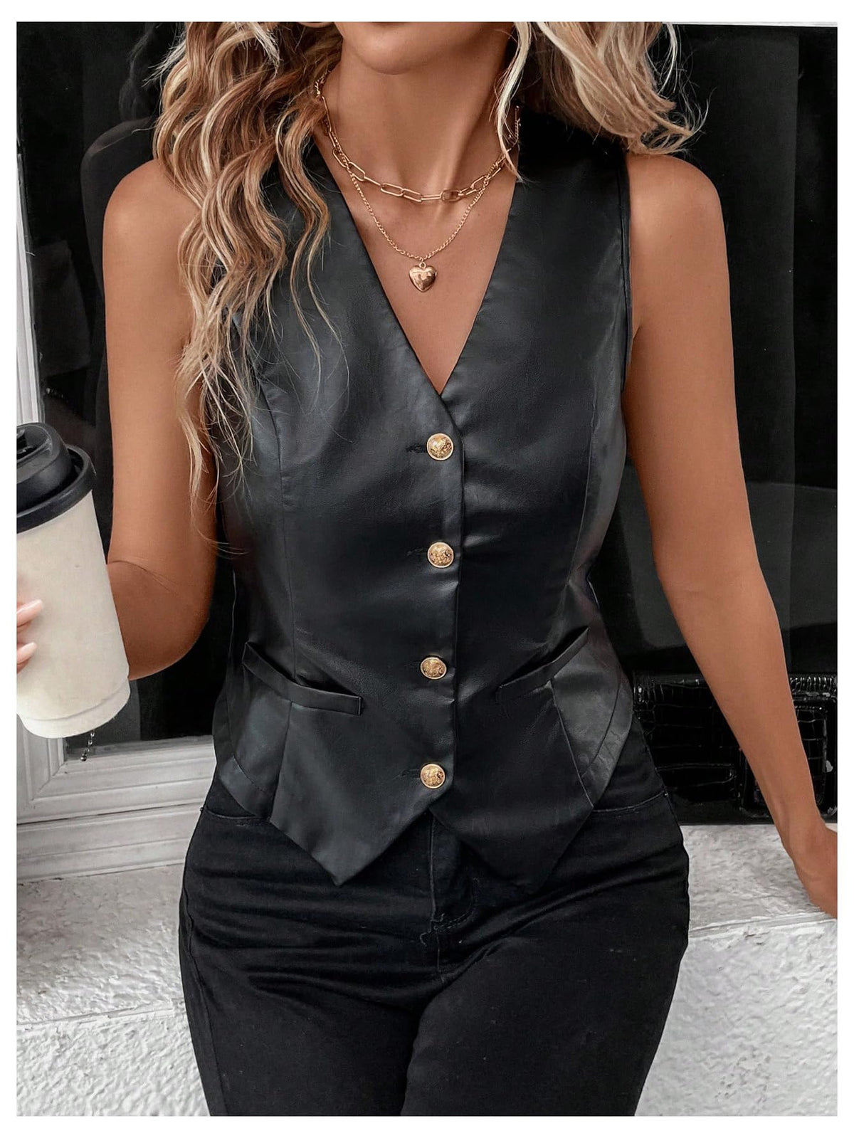 SweatyRocks Women's PU Leather Button Down V Neck Sleeveless Jacket Vest Waistcoat Black Small