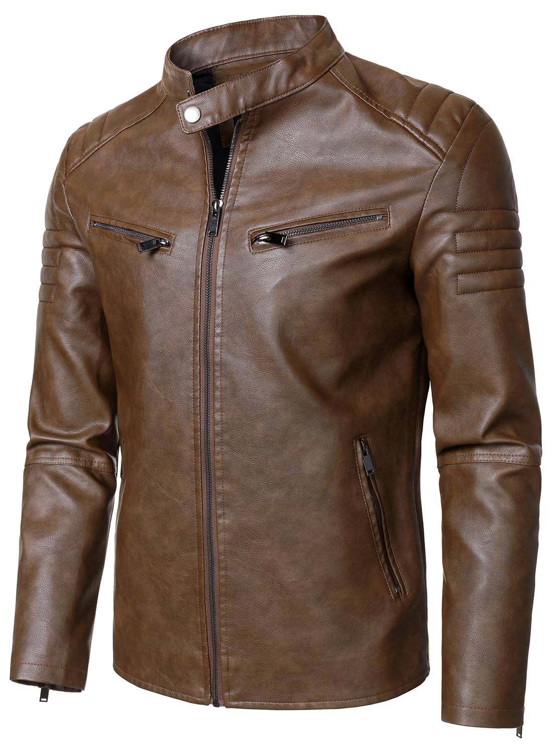 HOOD CREW Men’s Faux Leather Motorcycle Jackets Stand-up Collar Leather Jacket Vintage Coats Outwear Brown M