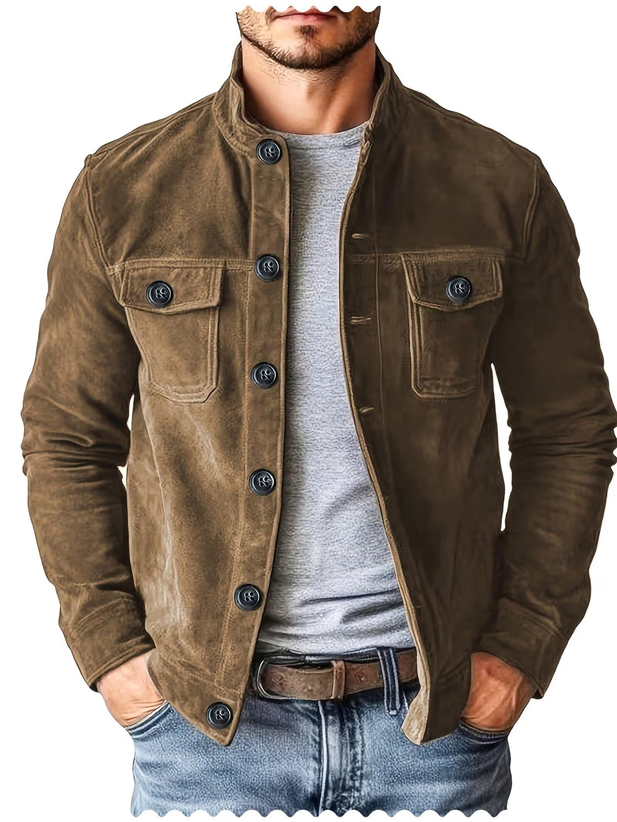Men's Vintage Trucker Suede Leather Jacket Lightweight Casual Western Blazer Shirt Style Coat (Khaki，XL