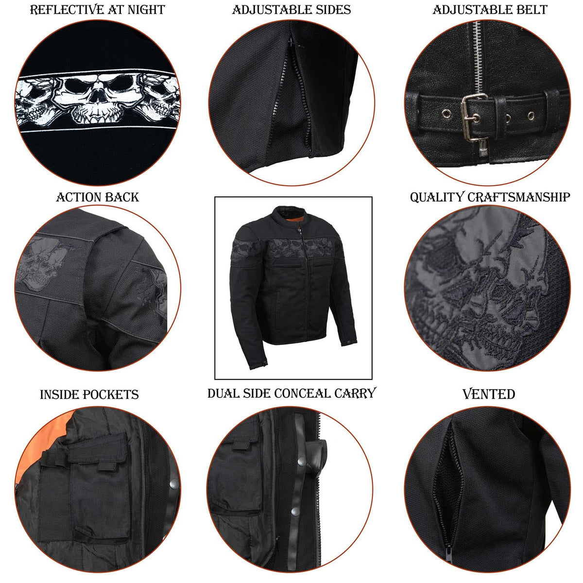 Milwaukee Leather MPM1730 Men's Black Padded Textile All Season Motorcycle Jacket w/Reflective Skulls Artwork - X-Large