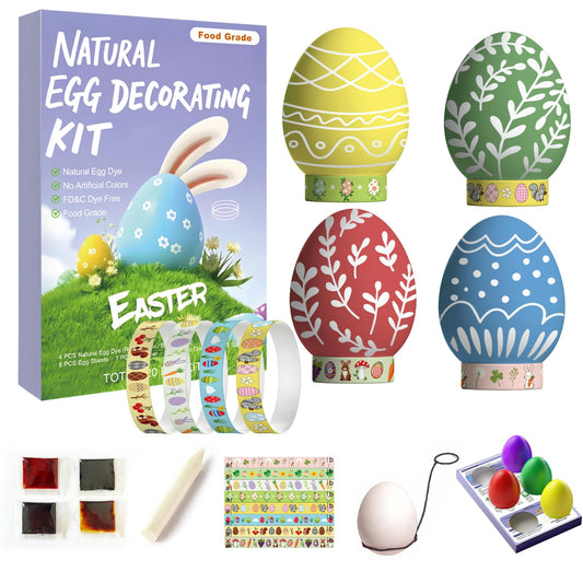 Natural Easter Egg Decorating Kit FD&C & Artificial Dye Free - 4 Liquid Colors Red Yellow Blue Green Non Toxic DIY Craft Set for Family Activities Includes 6 Egg Holders 8 Foldable Egg Stands 1 Egg Dipper