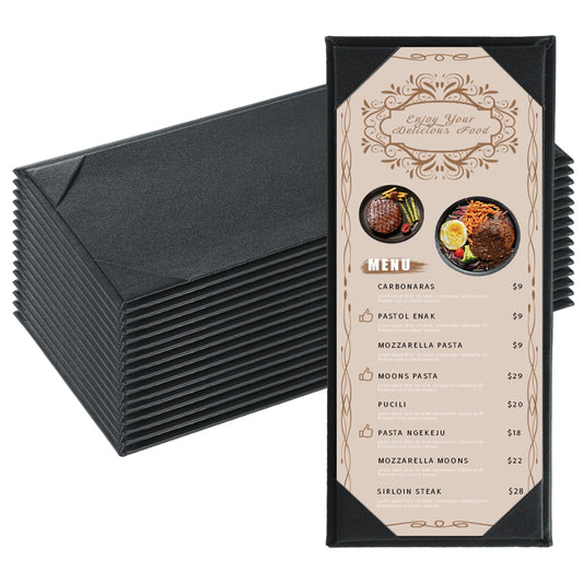 FLKQC 15 Pack Restaurant Menu Covers Holders 4.25" X 11", Single View Synthetic Leather Menu Holder Covers Book Style with Angled Corners Black for Wine List, Morning Menu, Wine Menu (15, 1 Page)
