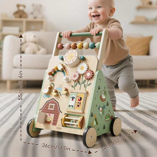 Lehoo Castle Wooden Baby Walker, Adjustable Speed Montessori Walker with Activity Center for Boys Girls, Baby Push Walker Toys for 1 Year Old Learning to Walk