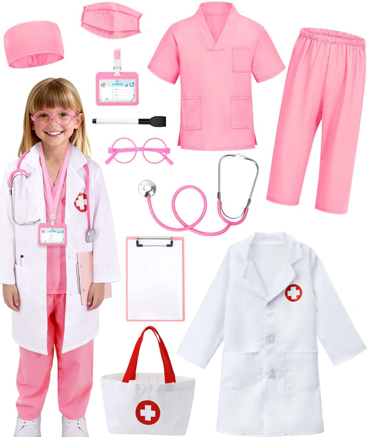 Boutrele 12 PCS Doctor Costume for Kids,Scrubs with Lab Coat/Nurse Costume Kids Set,Girls Boys Doctor Career Day Costumes(Pink, 4-5 Years)