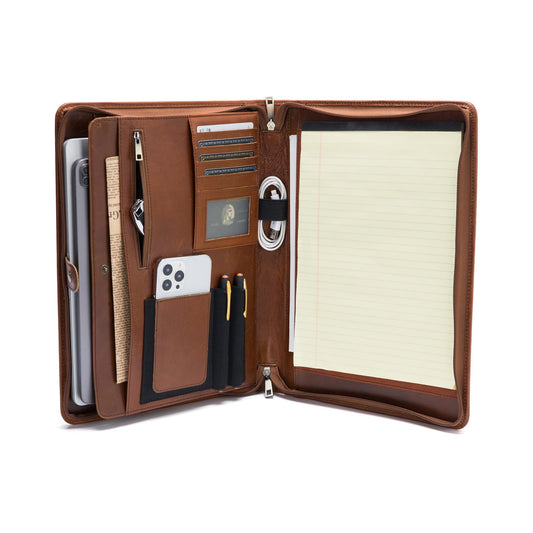 Geslun Genuine Leather Portfolio, Legal Size 8.5 x 14 Pad Holder, Business Padfolio for Men and Women, Zipper 14" Laptop Organizer, Executive Professional Work Travel Notepad Folio, Brown, Oil Tanned