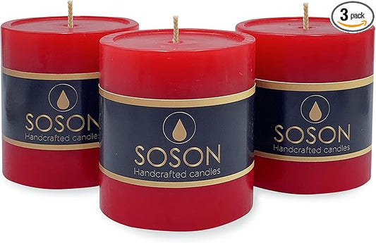 Simply Soson Red Pillar Candles - 3x3 inch Set of 3 - Unscented Decorative Large Candles for Home Decor, Weddings, Holidays