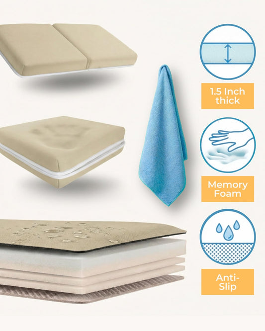 Comfortable Baby Bath Kneeler and Elbow Rest Pad Set – Thick Memory Foam Bath Kneeling Pad with Elbow Support – Baby Bathtub Cushion with Toy Organizer for Bathing Infant or Toddler - Beige