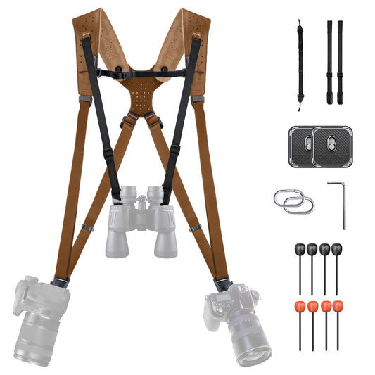 PGYTECH Camera Strap Master, Leather Dual Shoulder Harness for 3 Cameras, Adjustable Camera Harness for Professional Photographers, Sports/Wildlife/Wedding/Events Photography Camera Straps, Brown