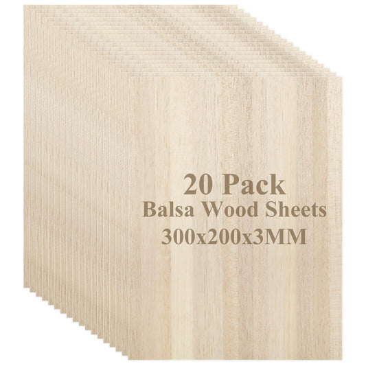 ZUQIAN 20 Pack Balsa Wood, 7.8”x11.8”x1/8” Balsa Wood Sheet, Thin Natural Unfinished Wood Boards for Wooden DIY Ornaments, Crafts, Hobby, Model Making, School and Laser Projects（200x300x3MM）