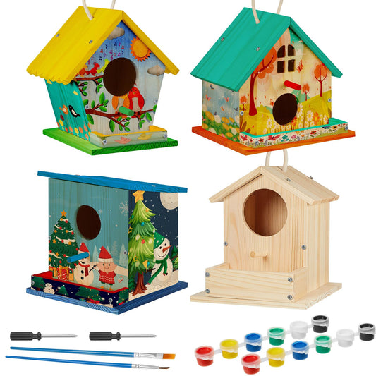 Liliful 4 Pack Birdhouse Crafts for Kids, Wooden Creative DIY Bird House Kits Arts and Crafts Set for Kids and Adults, Spring Birthday Gifts for Toddlers Ages (Seasonal Style)