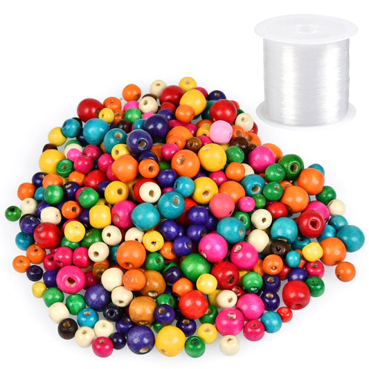 WOWOSS 1000 Pcs Colorful Wooden Beads, 500x8mm + 200x10mm + 200x12mm + 100x14mm, 10 Colors, Colored Wood Beads for Crafts, Jewelry Making, Bracelets, with 164 Ft Elastic Stretchy Bracelet String Cord