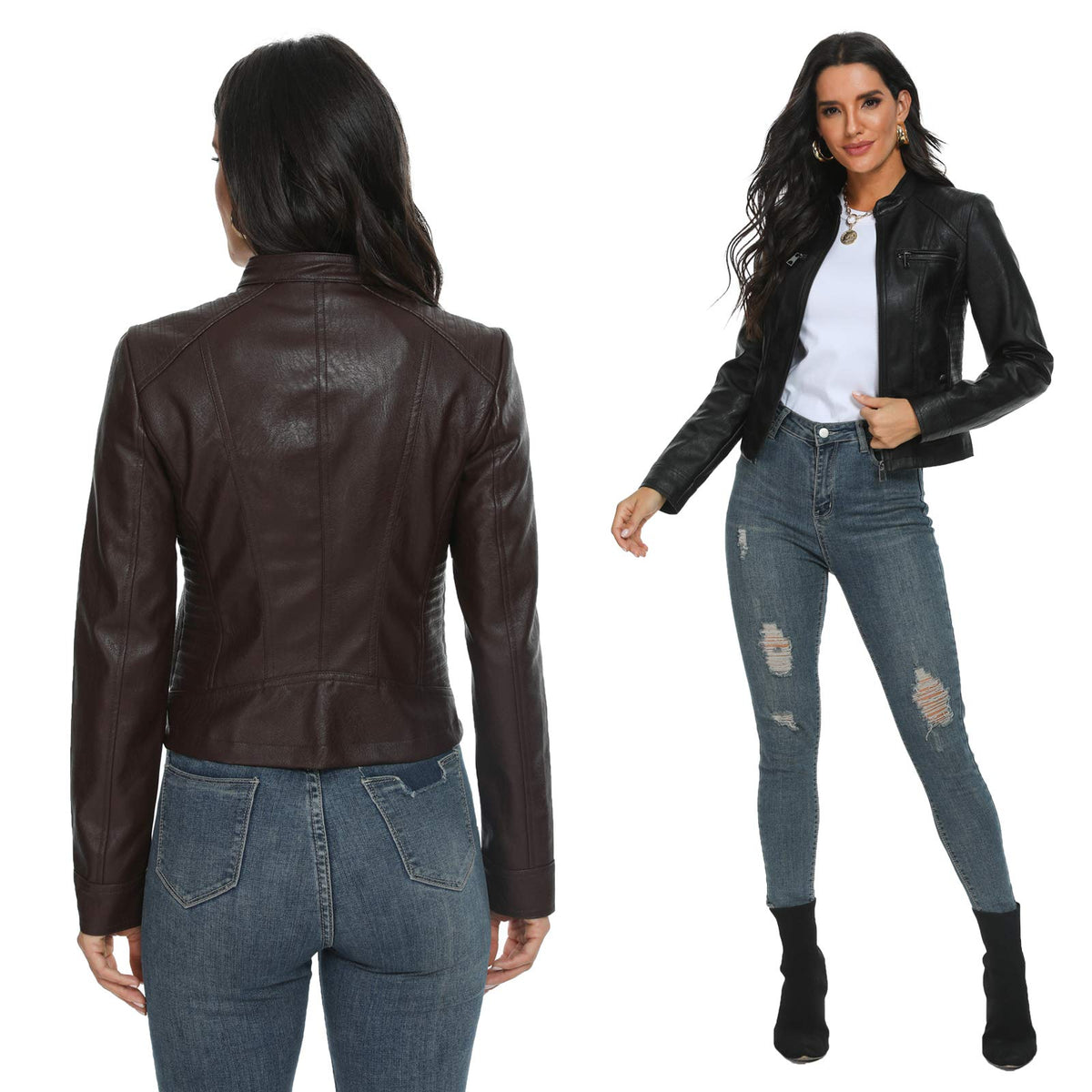 Fahsyee Faux Leather Jacket for Women, Moto Biker Slim Vegan MotorcycleZipper Coat Outwear, Black, Size XL