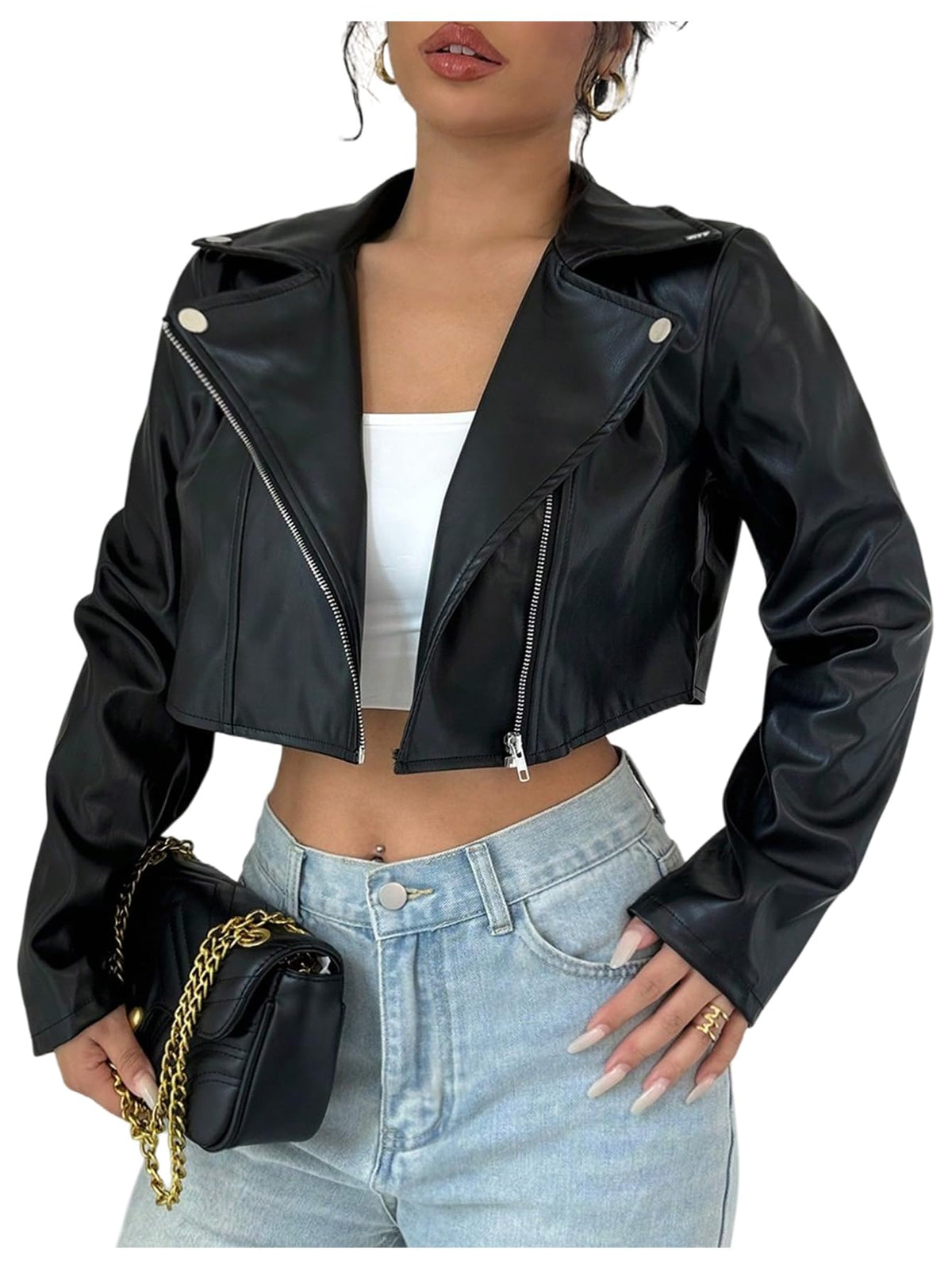 OYOANGLE Women's PU Leather Cropped Jacket Zip Up Motorcycle Jackets Coat Black Small