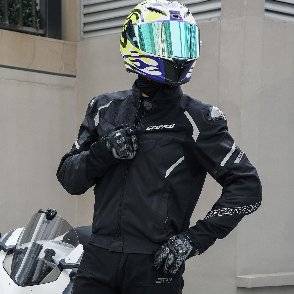 Scoyco Motorcycle Jacket Men, CE Level 1 Breathable Mesh Motorcycle Riding Jacket with 7 PCS Protective Armored - Black