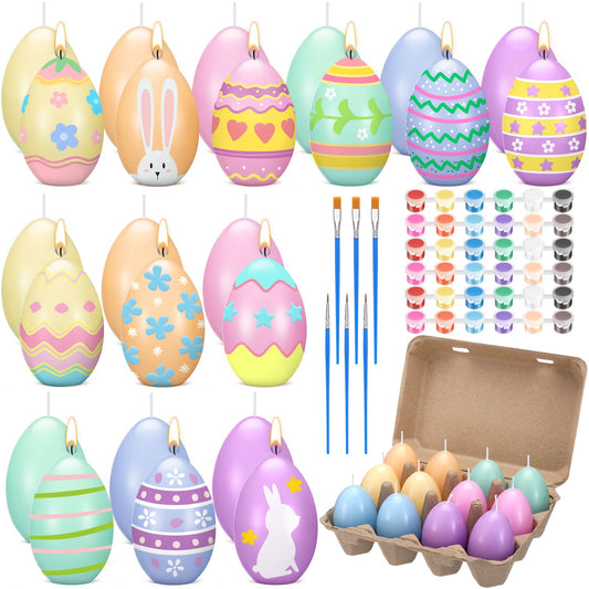 Conelist 25 Pcs Easter Egg Candle Painting Kit Easter Painting Crafts for Adult Macaron Egg Shaped Candles with Carton Acrylic Paint Strips Paintbrushes for Spring DIY Gift Basket Stuffers